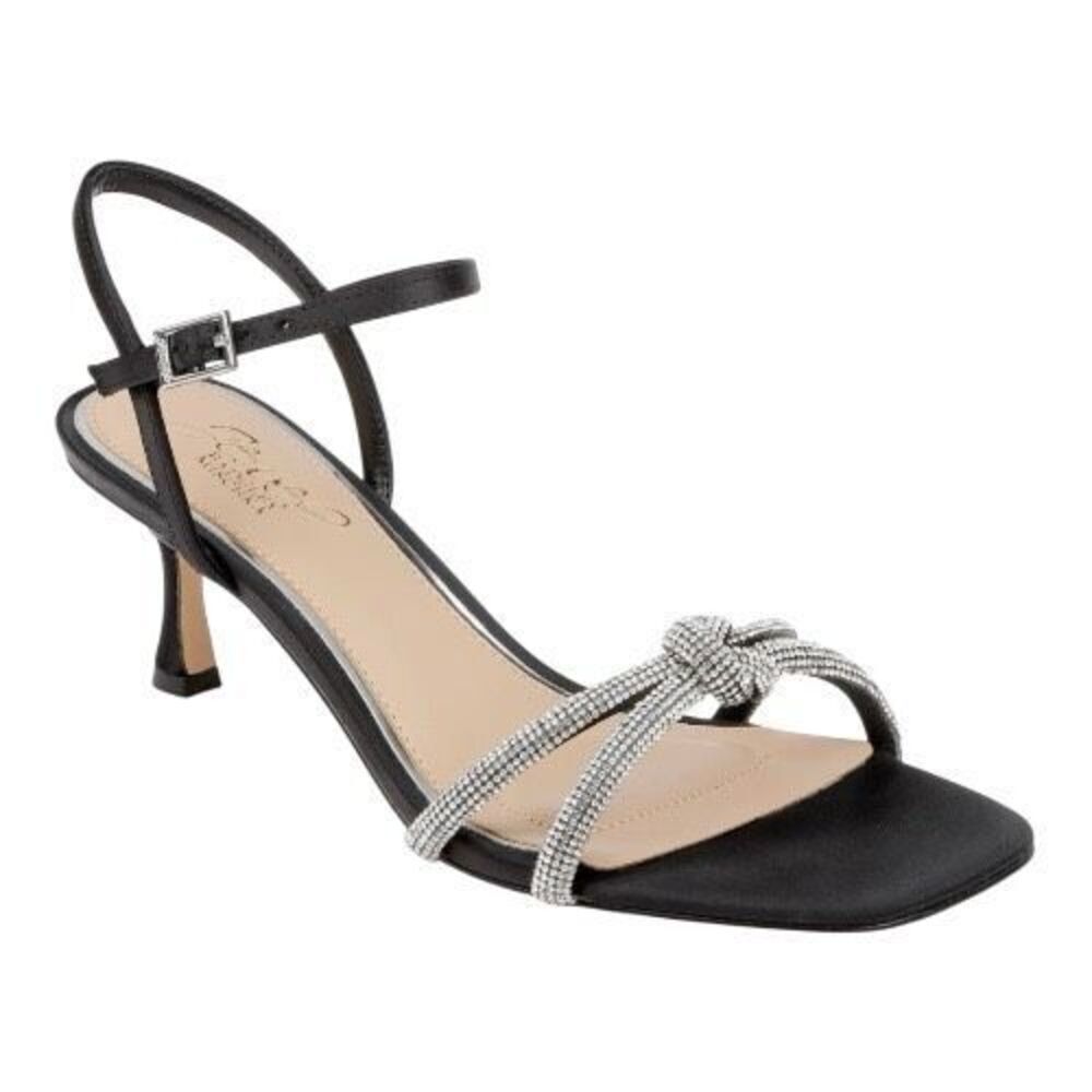 Jewel Badgley Mischka Maci Black Satin Rhinestone Kitten Heel Sandal Size 8.5